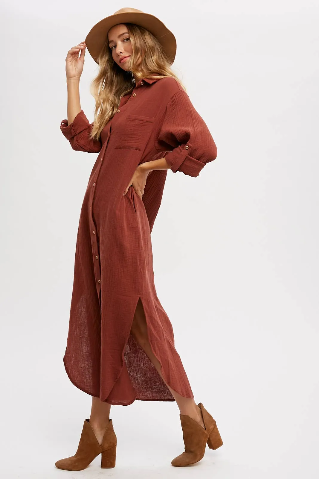 Cotton Gauze Button Up Maxi Dress With Pockets