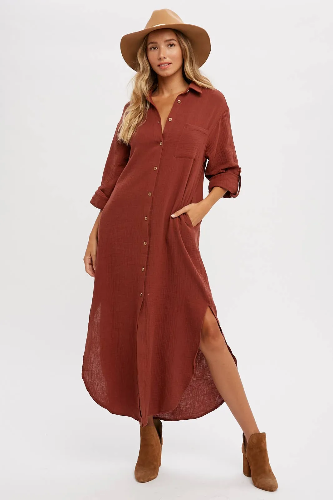 Cotton Gauze Button Up Maxi Dress With Pockets