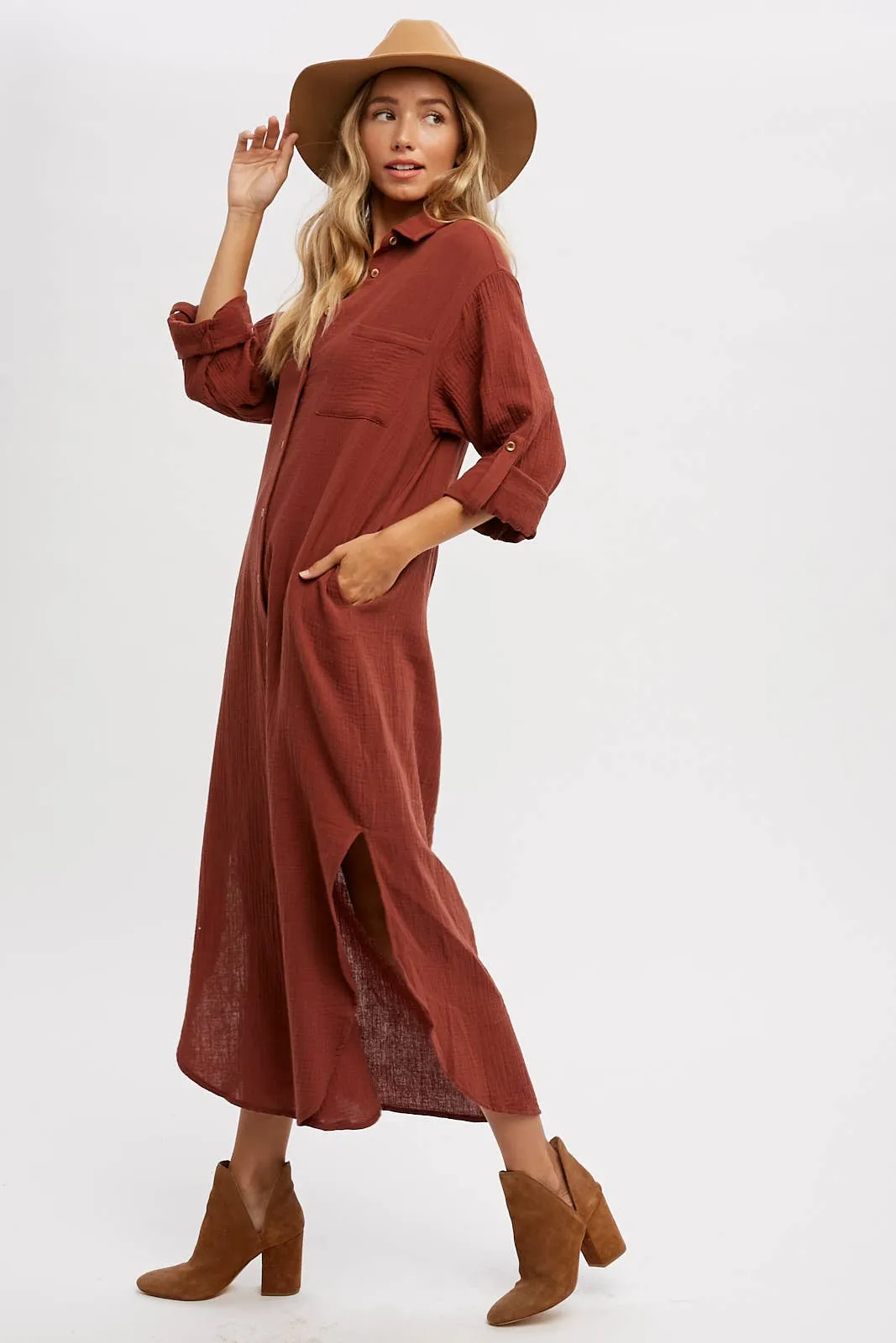 Cotton Gauze Button Up Maxi Dress With Pockets