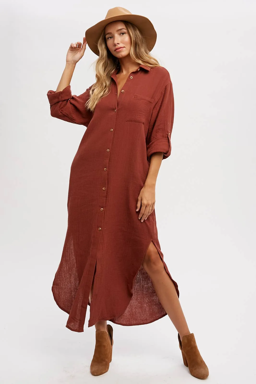 Cotton Gauze Button Up Maxi Dress With Pockets