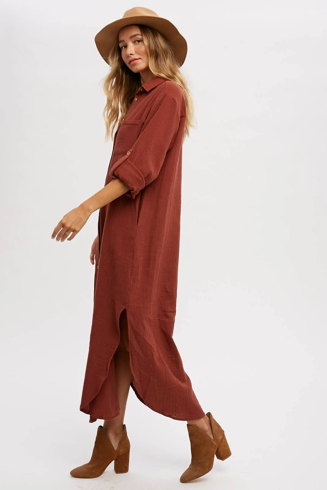 Cotton Gauze Button Up Maxi Dress With Pockets