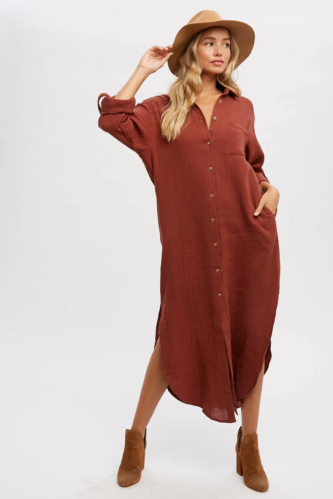 Cotton Gauze Button Up Maxi Dress With Pockets