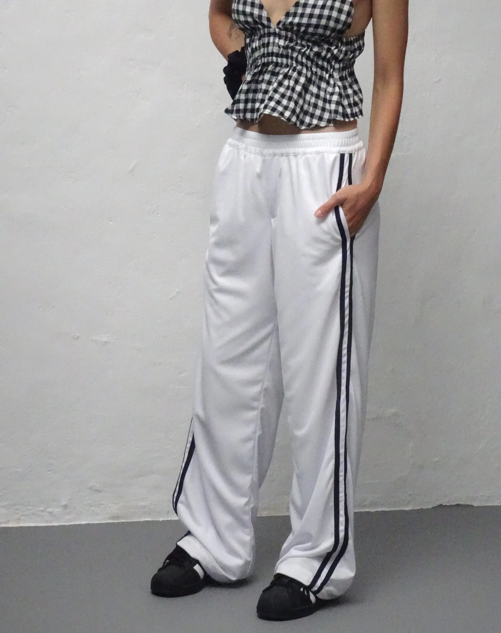 Coze Wide Leg Jogger in White with Navy Double Stripe