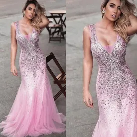 crystals pink evening dresses long v neck beaded lace appliqué mermaid elegant evening gown formal dress