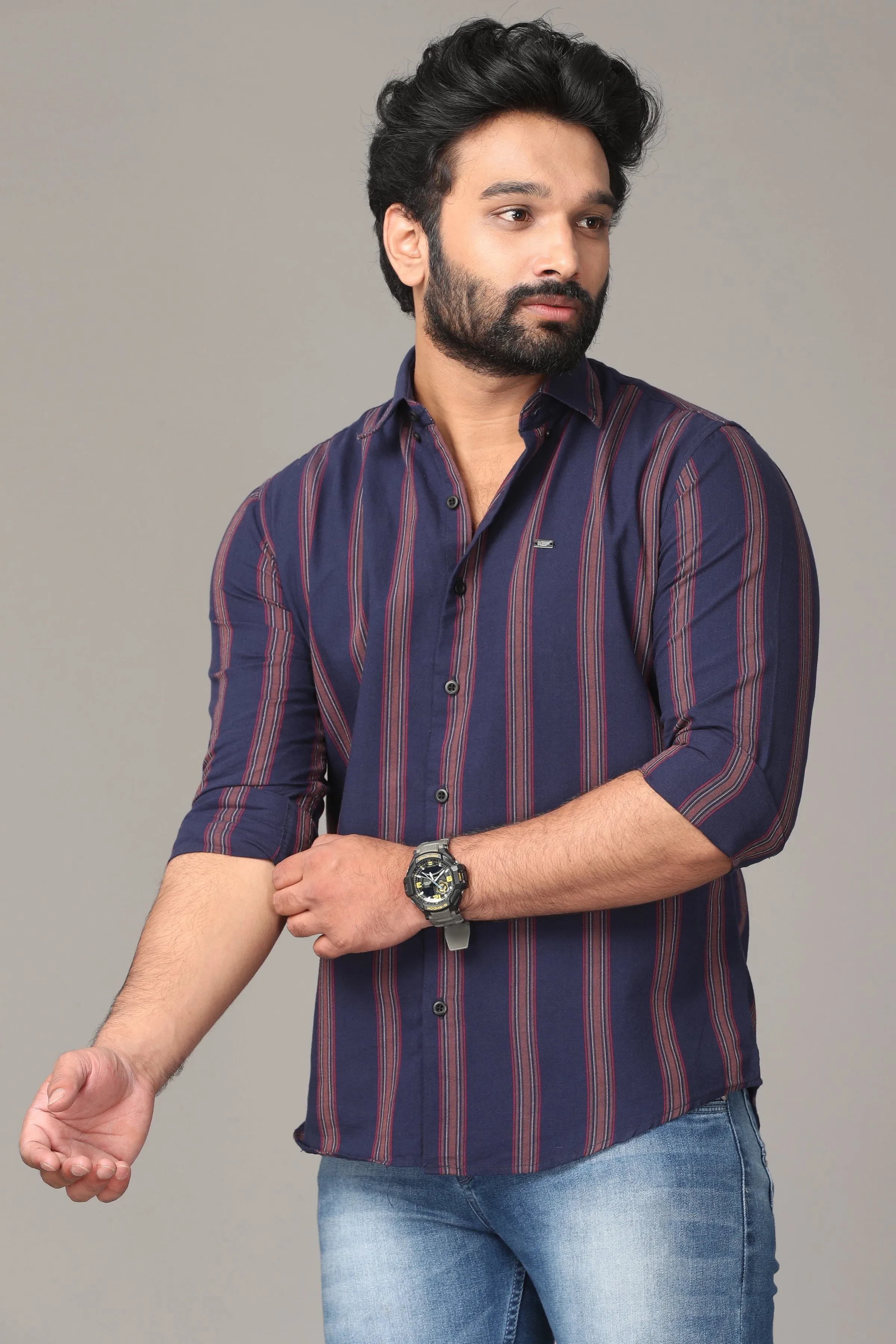 Dark Blue Full Sleeve Shirt with Brown Stripes