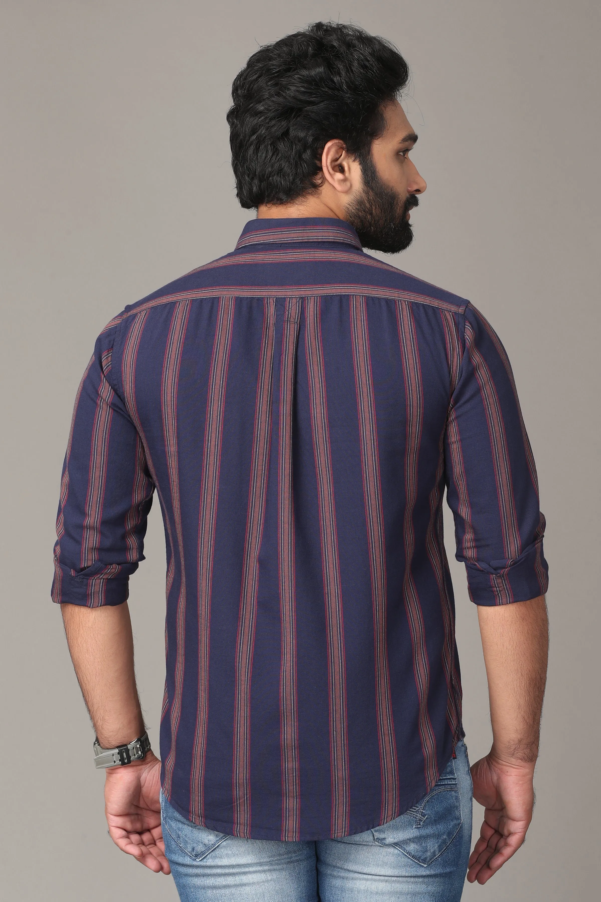 Dark Blue Full Sleeve Shirt with Brown Stripes