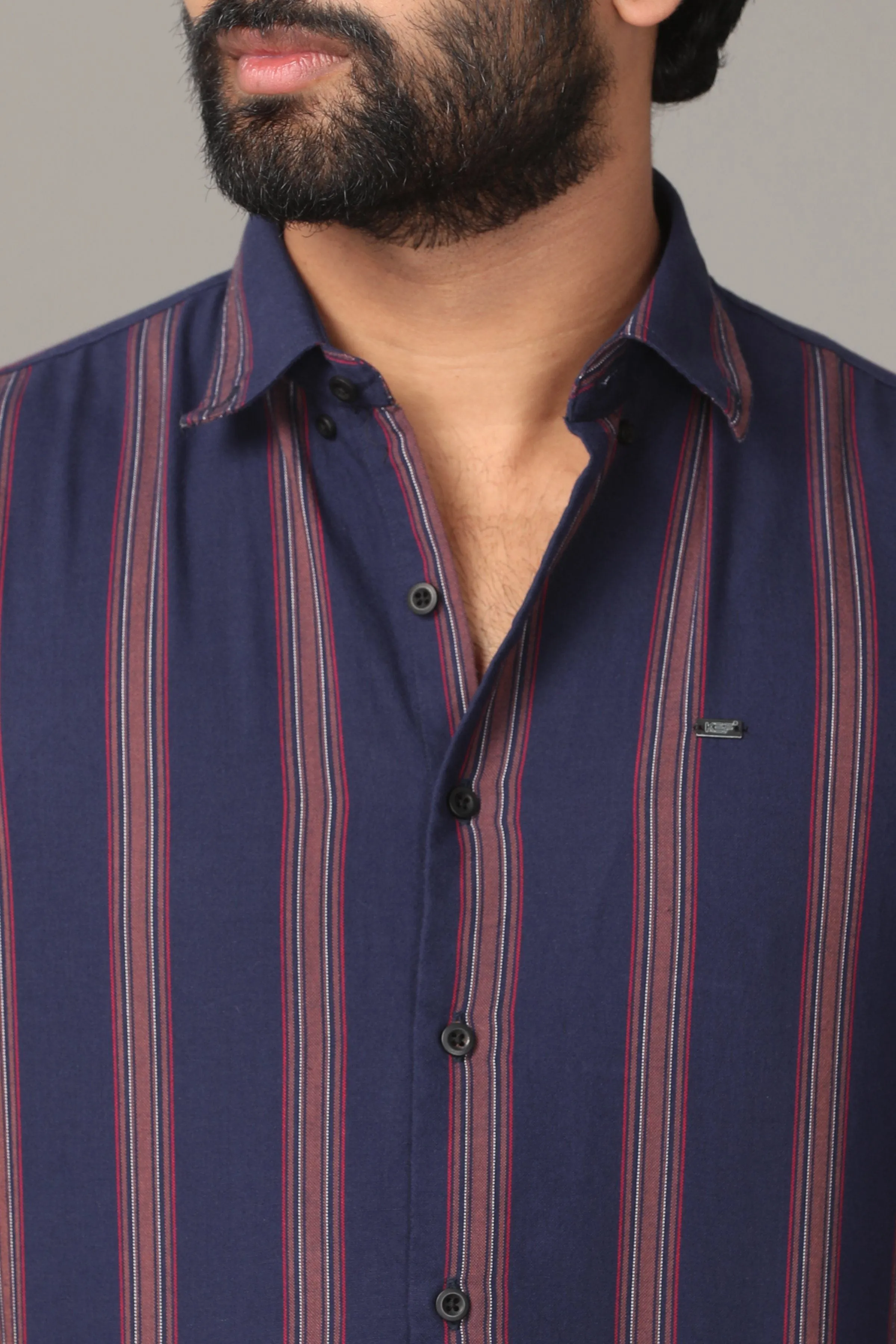 Dark Blue Full Sleeve Shirt with Brown Stripes