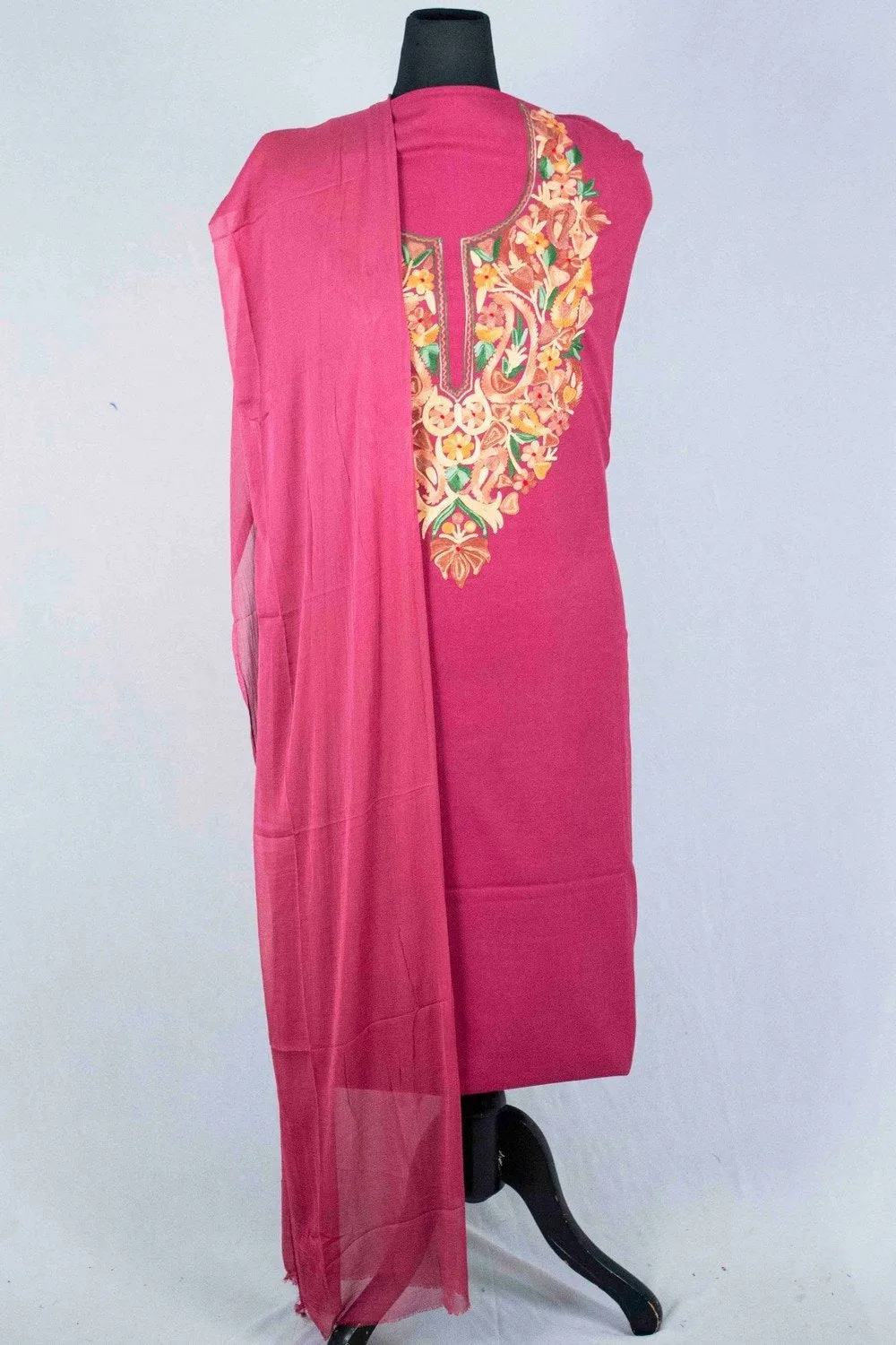 Dark Pink  Colour Aari Work Salwar Kameez With Blooming Multi Colored Aari Work Neckline