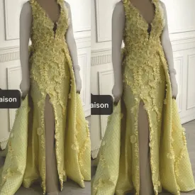 deep v neck yellow evening dresses 2020 detachable skirt sparkle 3d flowers arabic elegant evening gown