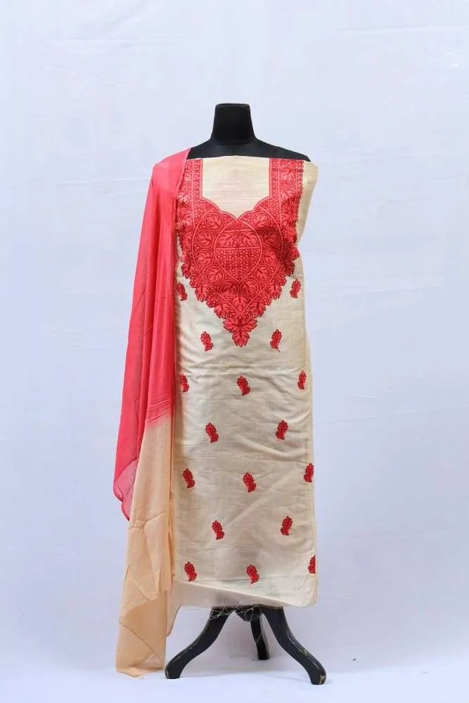 Designer Beige Colour Salwar kameez With Amazing Contrast Of Mesmerising Red Colour Embroidery