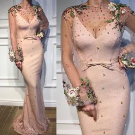 embroidery applique pink evening dresses long sleeve beaded mermaid modest elegant evening gown