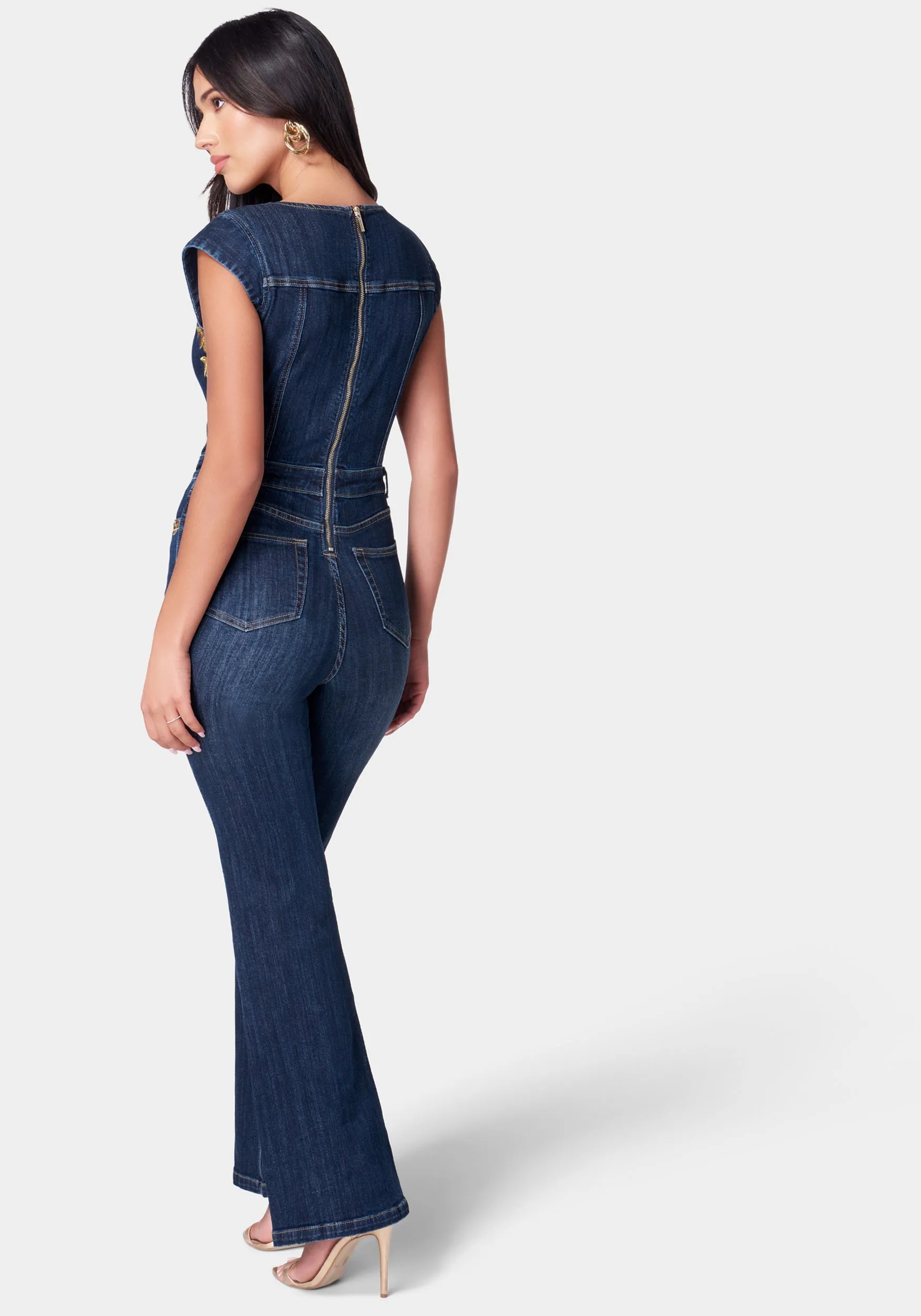 Embroidery Detail Sleeveless Flared Denim Jumpsuit