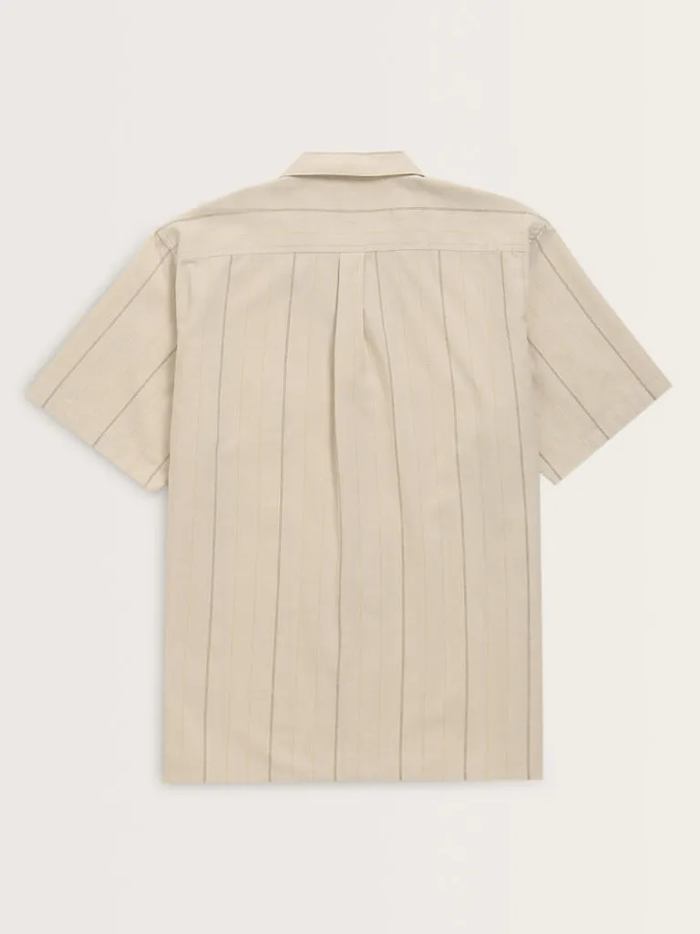 ETA Beige Striped Design Relaxed-Fit Cotton Shirt