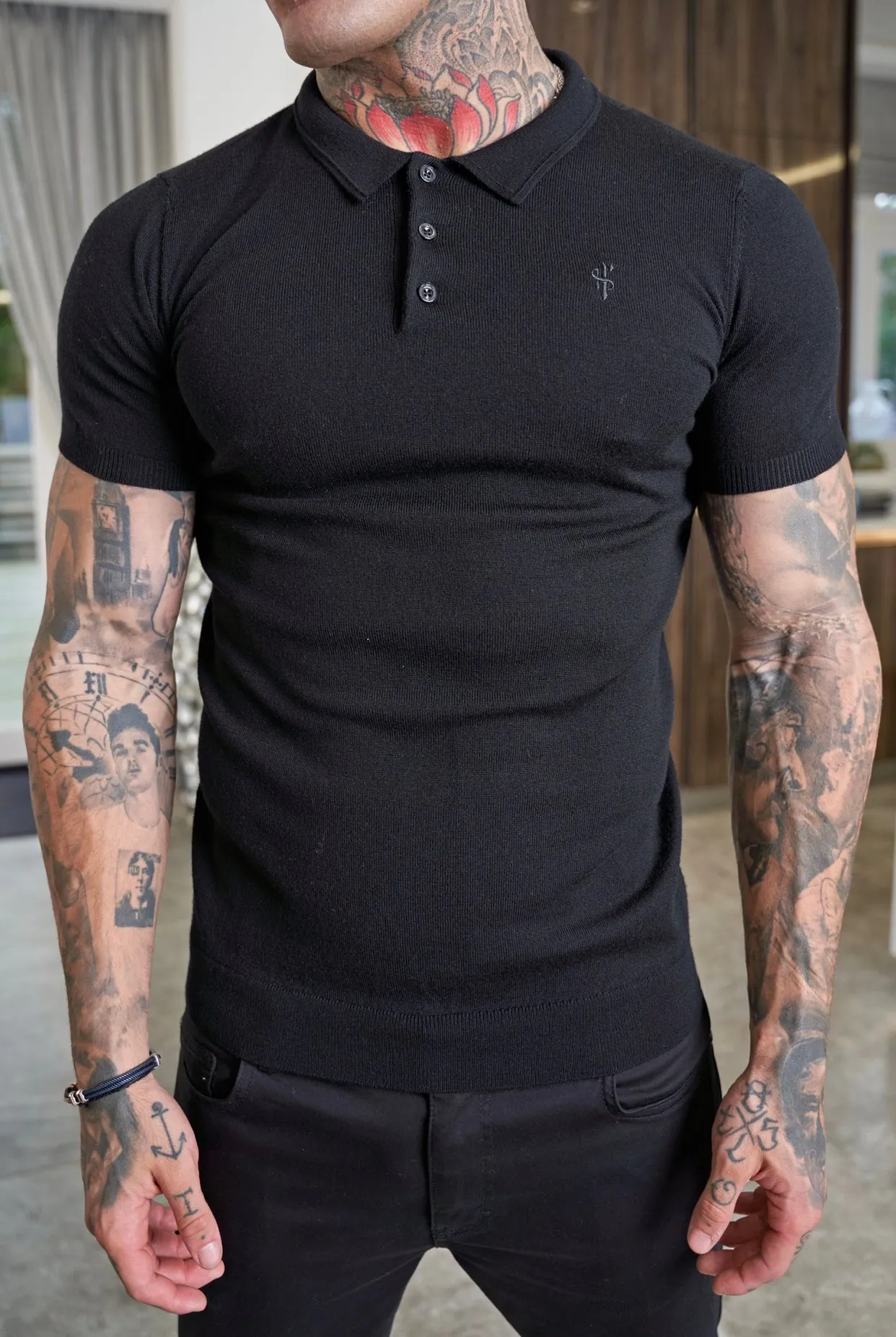 Father Sons Classic Black Merino Wool Knitted Polo Sweater Short Sleeve With FS Embroidery- FSN022