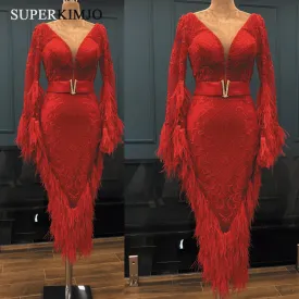 feather evening dresses short 2020 lace appliqué red beaded deep v neck evening gown cocktail dress