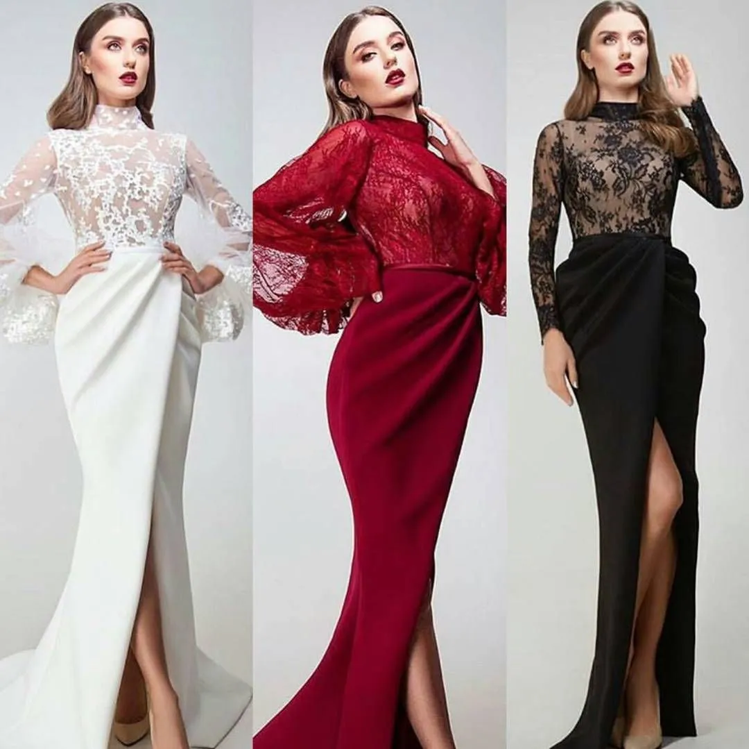 flare sleeve lace evening dresses long 2020 high neck elegant mermaid arabic evening formal gown