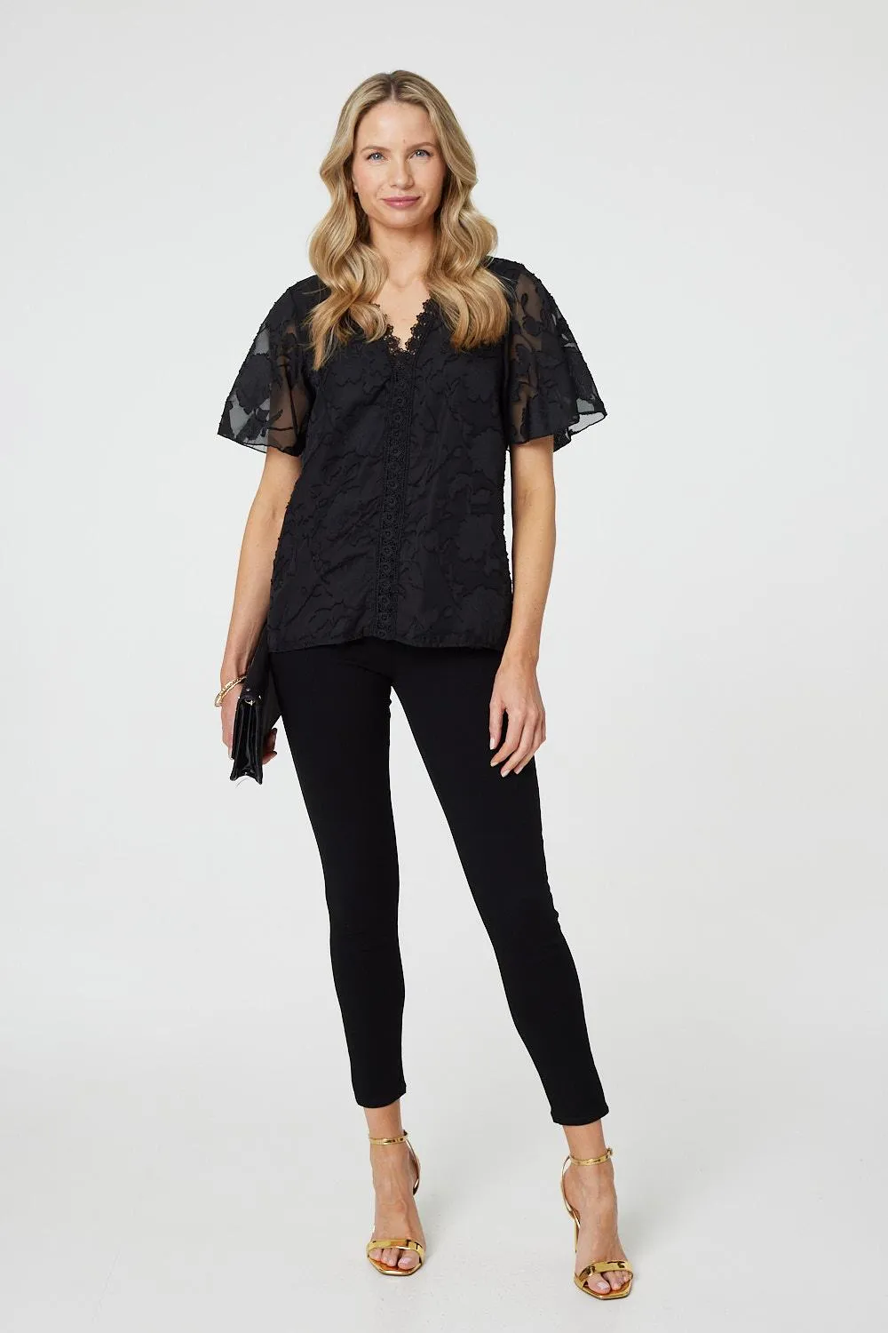 Floral Lace Detail Flared Sleeve Blouse