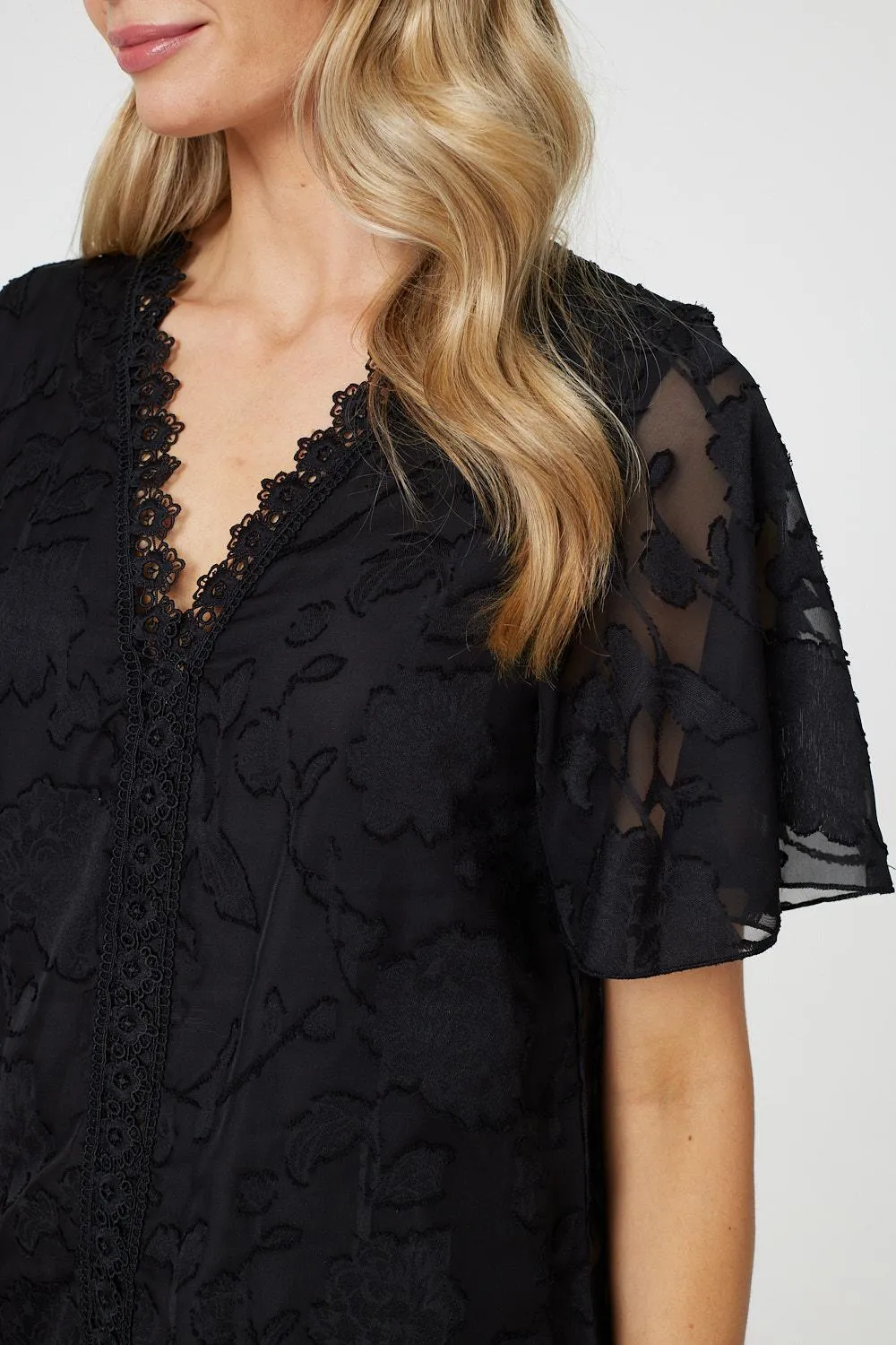 Floral Lace Detail Flared Sleeve Blouse