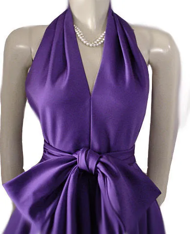 GORGEOUS VINTAGE A.J. BARI PEAU DE SOIE HALTER EVENING GOWN ADORNED WITH A HUGE 10 FOOT SASH & BOW IN AMETHYST