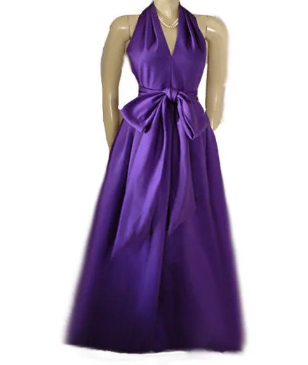 GORGEOUS VINTAGE A.J. BARI PEAU DE SOIE HALTER EVENING GOWN ADORNED WITH A HUGE 10 FOOT SASH & BOW IN AMETHYST