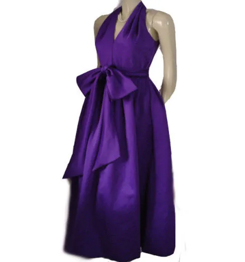 GORGEOUS VINTAGE A.J. BARI PEAU DE SOIE HALTER EVENING GOWN ADORNED WITH A HUGE 10 FOOT SASH & BOW IN AMETHYST