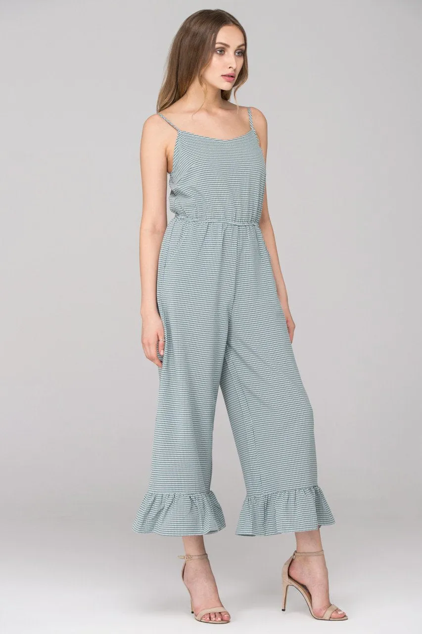 Green Checkered Ruffled Leg Hem Jumpsuit