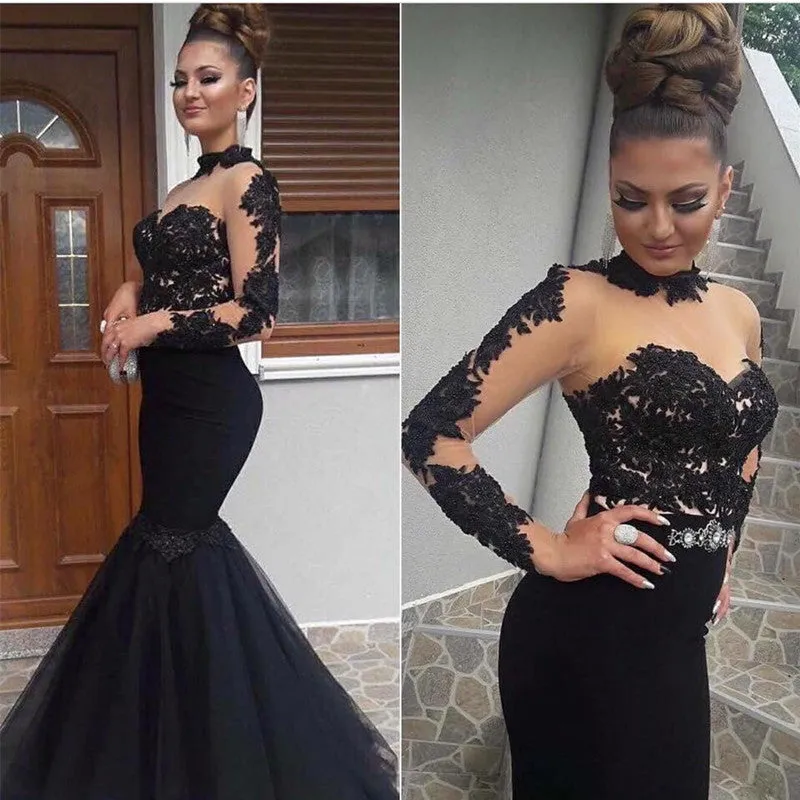 high neck black evening dresses long mermaid lace appliqué elegant beaded modest evening gown 2020