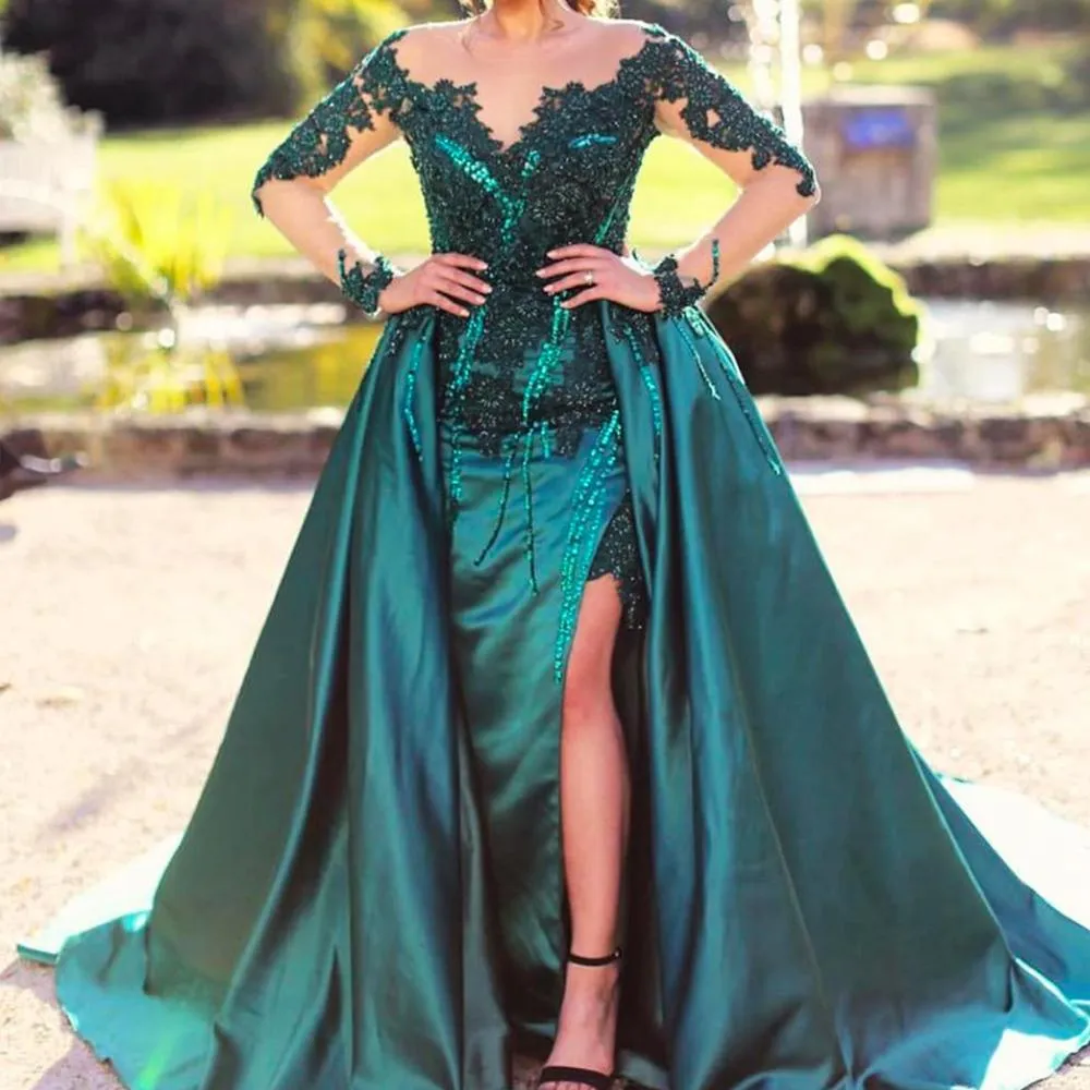 hunter green evening dresses long detachable skirt lace appliqué beaded evening gowns vestido de Longo