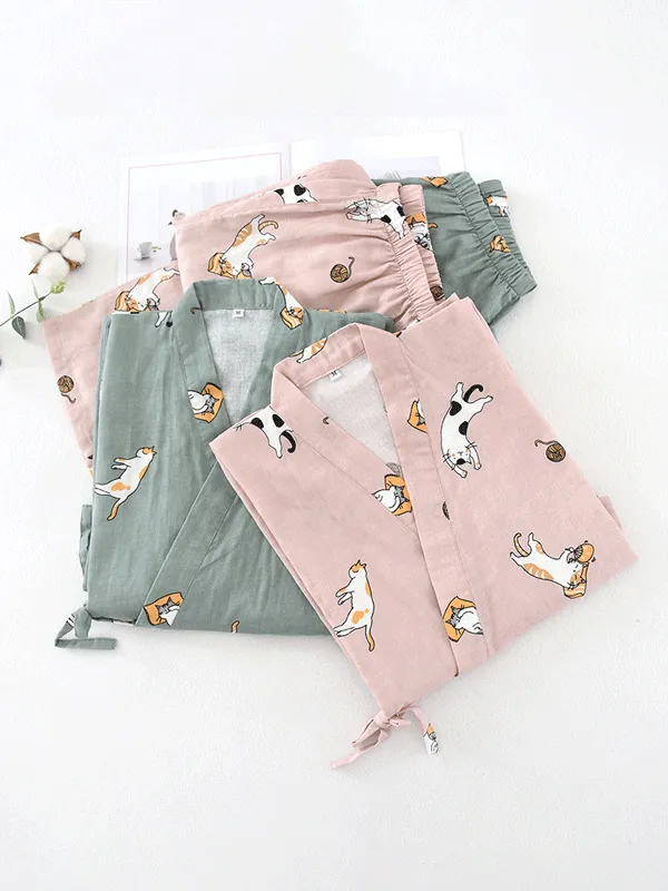 Long Sleeve Cute Cats Printed Robe Set