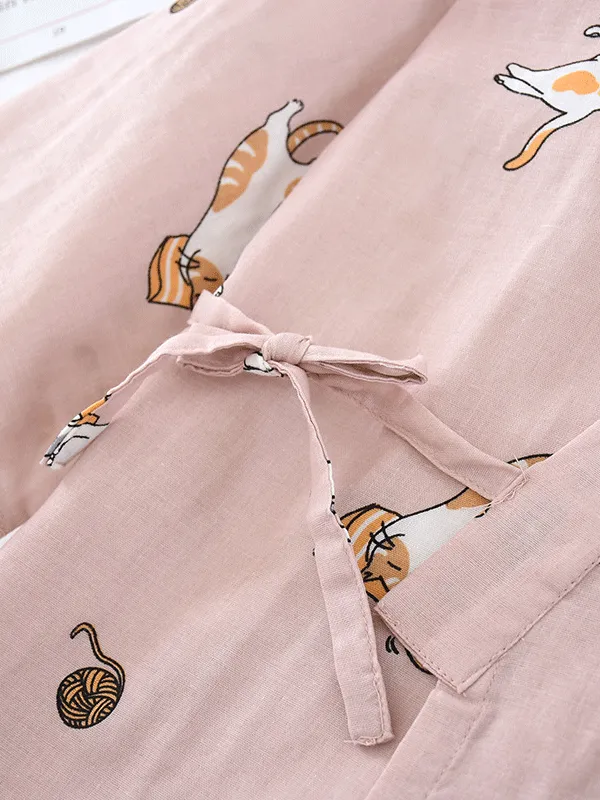 Long Sleeve Cute Cats Printed Robe Set