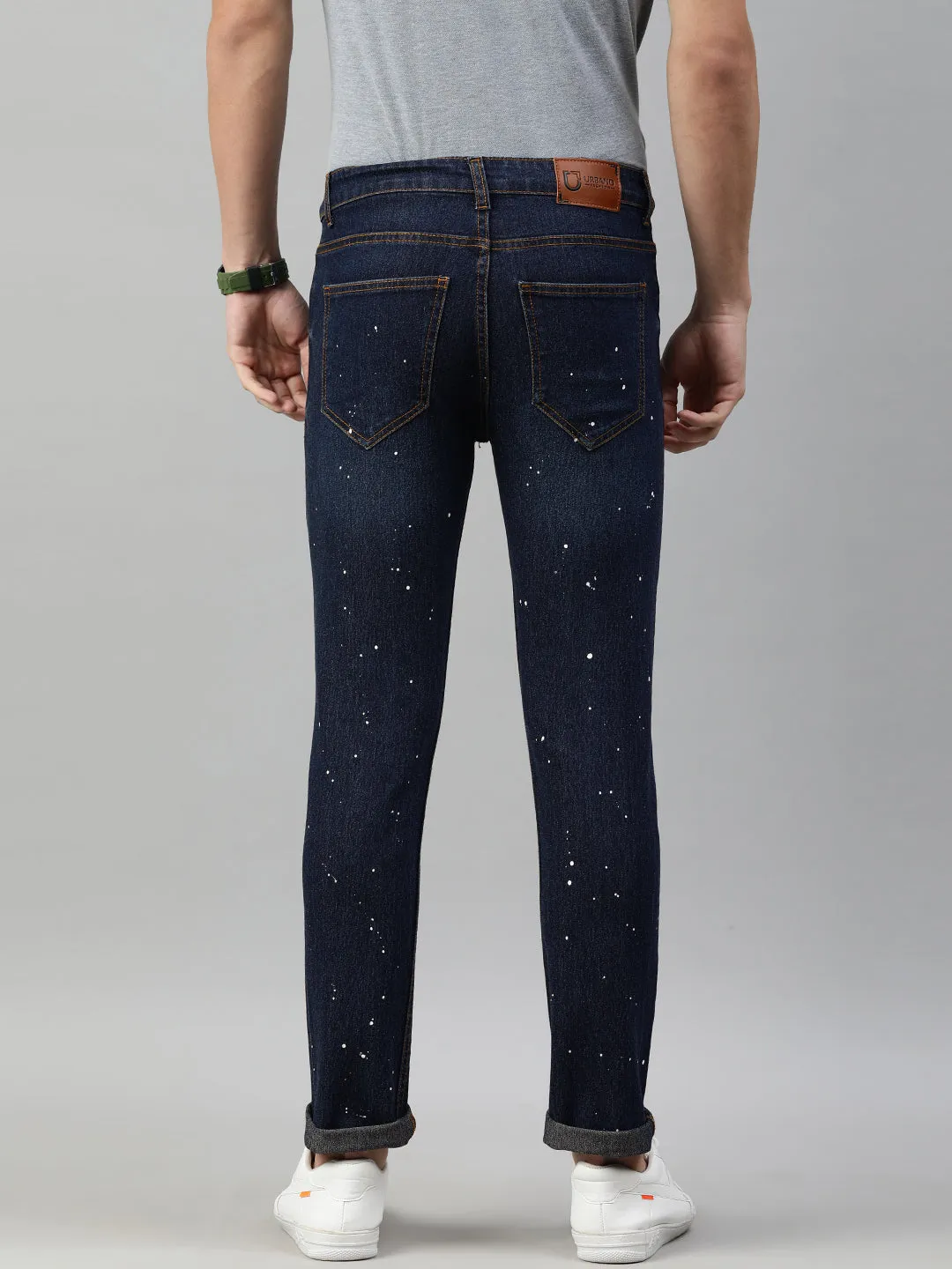 Men's Blue Slim Fit Washed Splatter Printed Jeans Stretchable