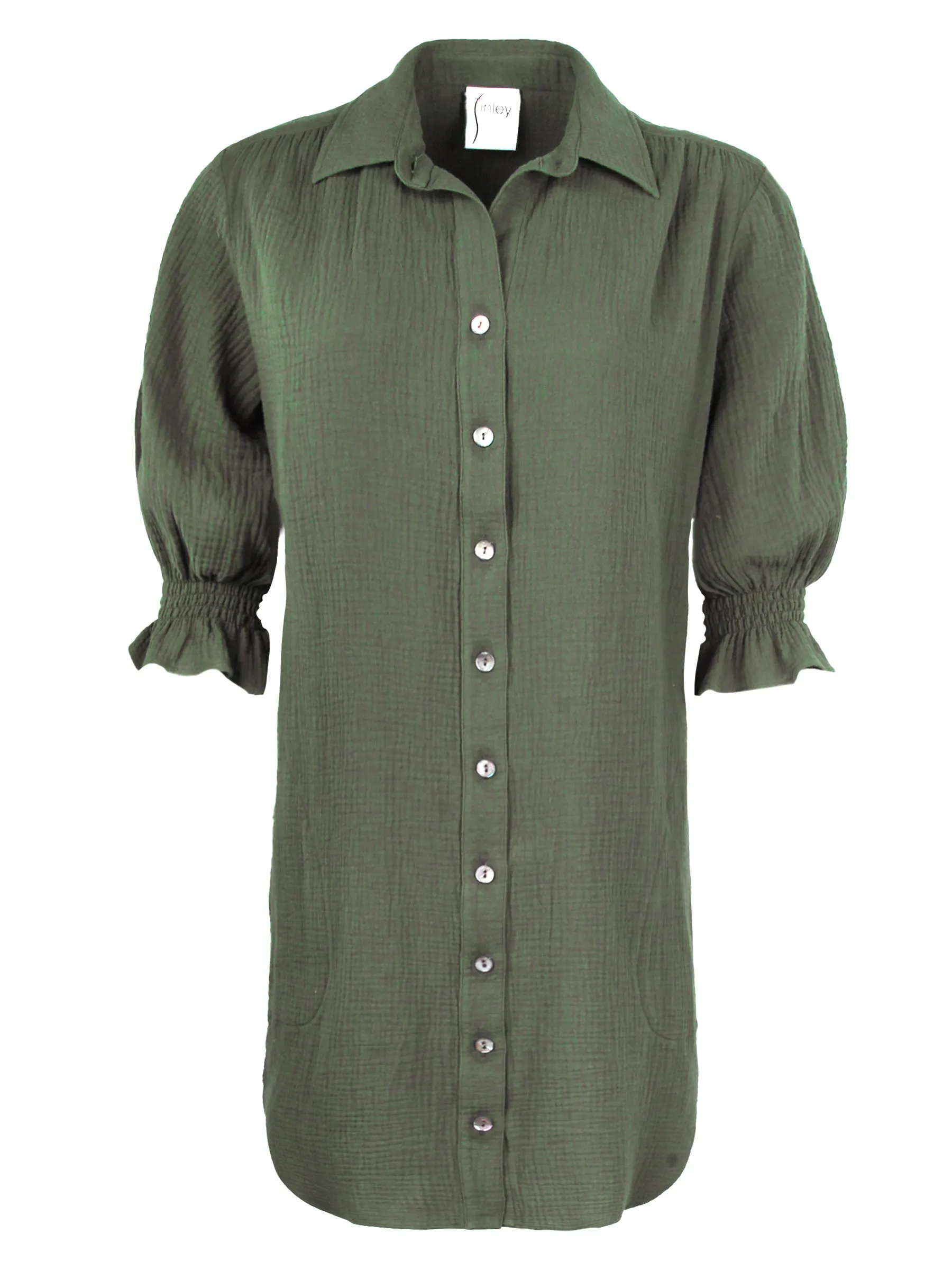 Miller Puff Sleeve Olive Double Gauze Shirt Dress