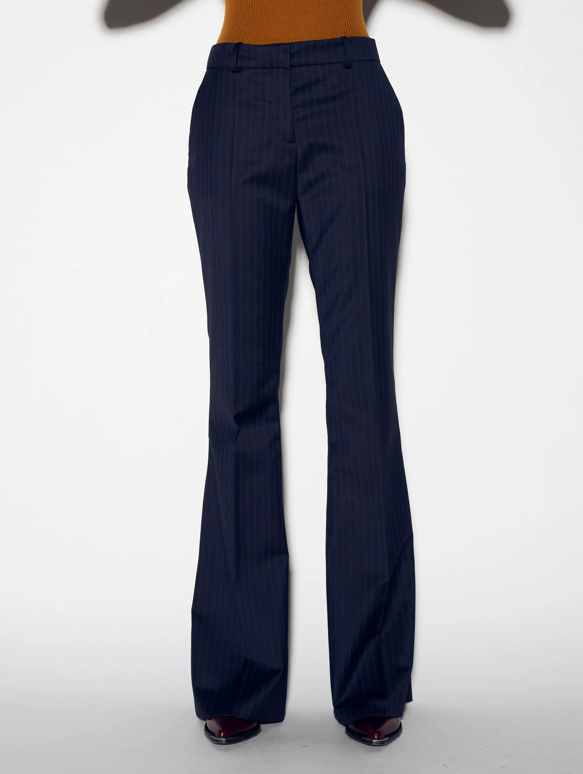 Navy striped wool flared suit trousers