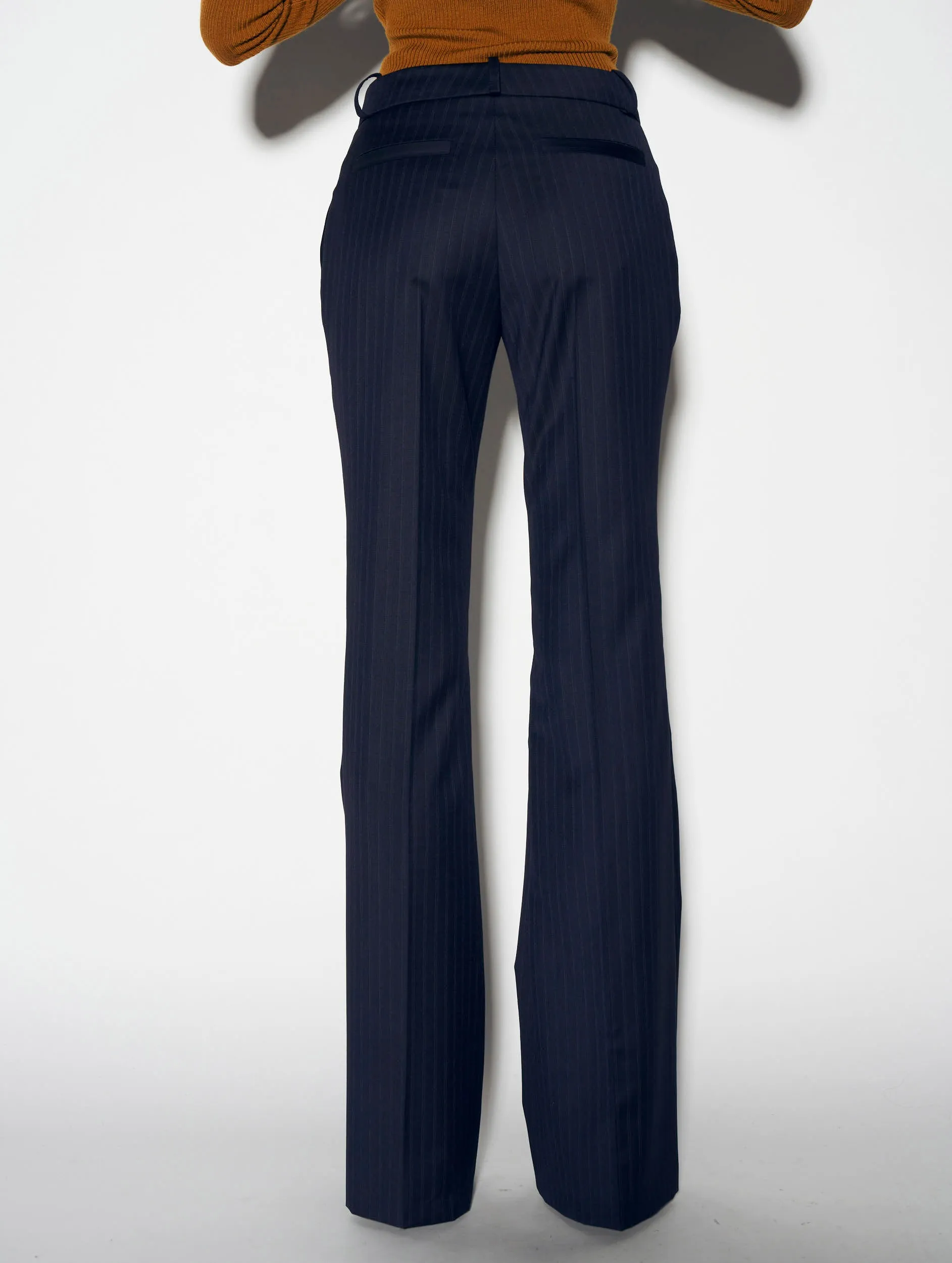 Navy striped wool flared suit trousers