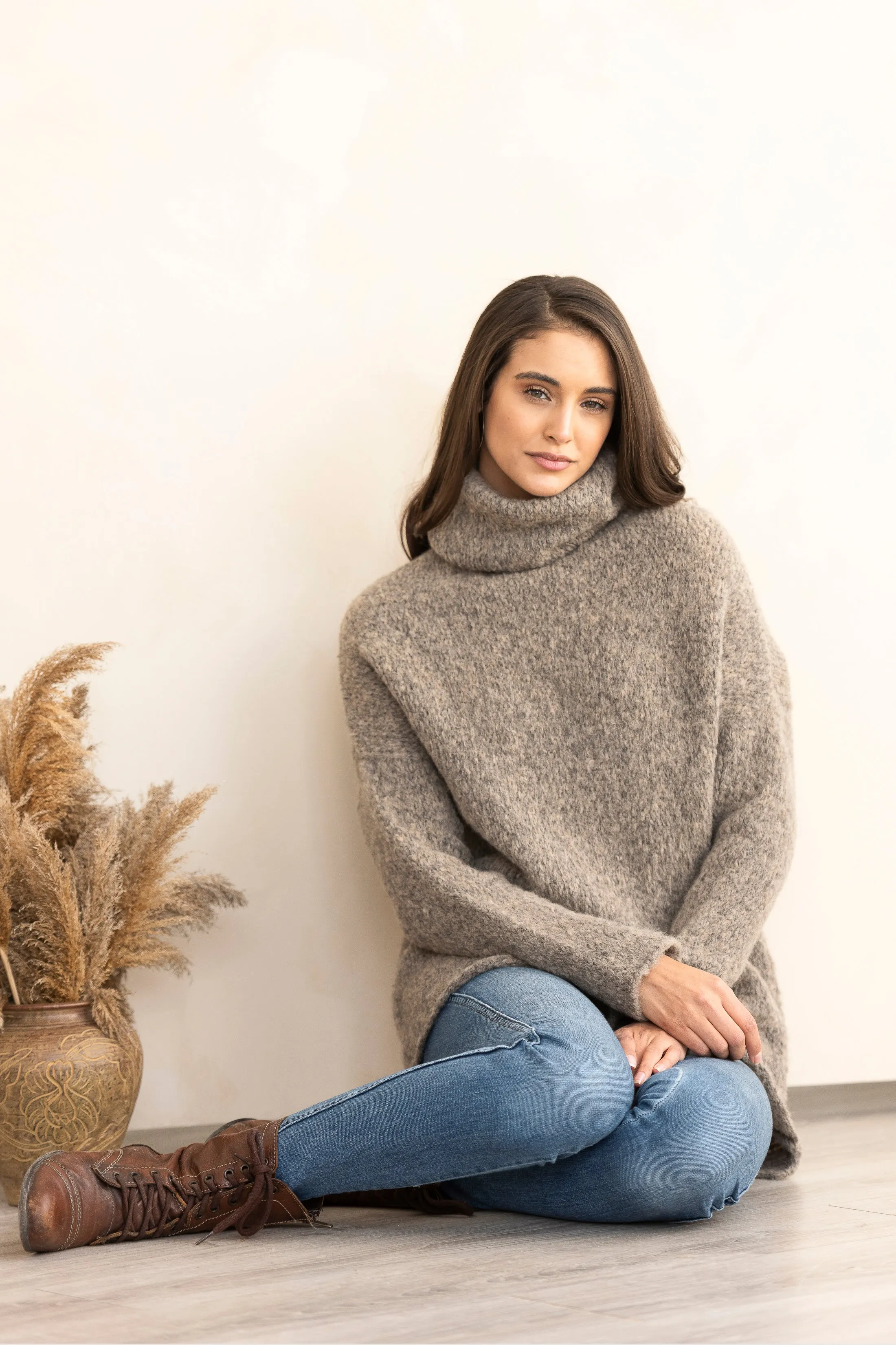 Oatmeal Peruvian Alpaca oversized knit sweater.