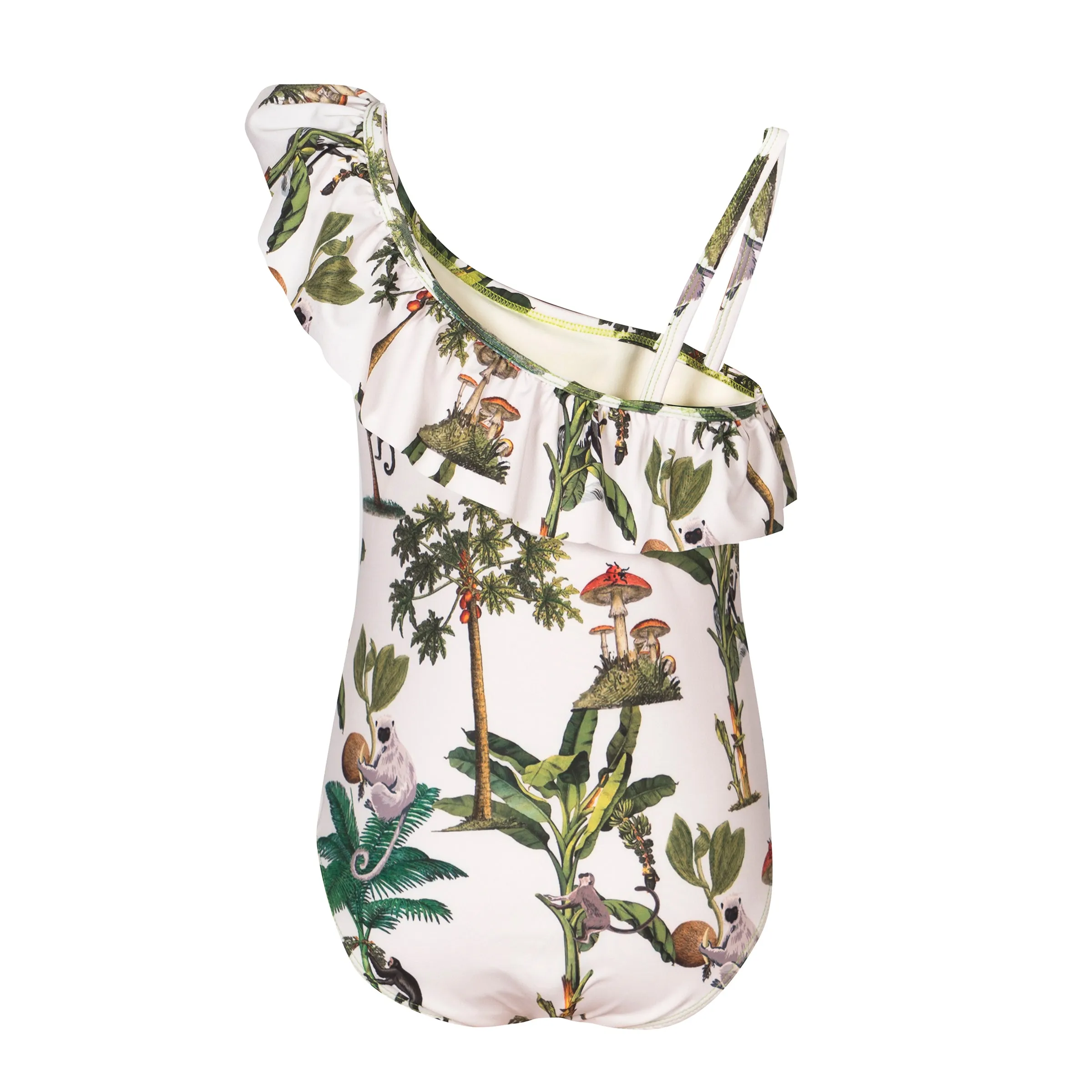 One Shoulder Ruffle Swimsuit Tropical Forest