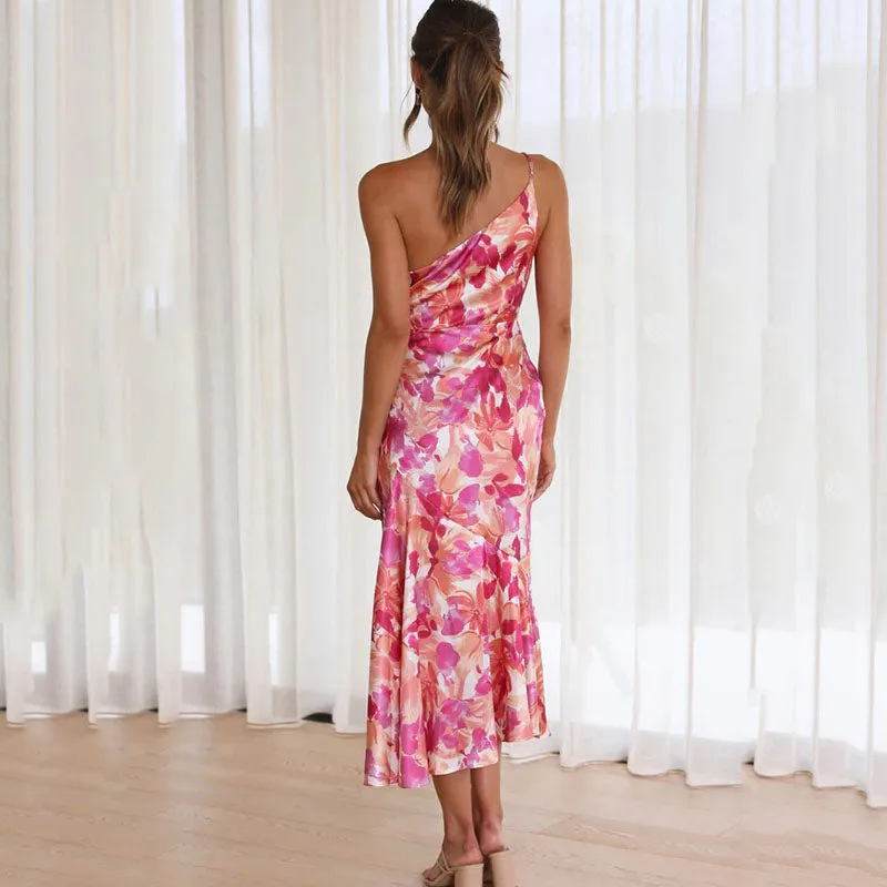 One-Strap Pink Floral Maxi Dress