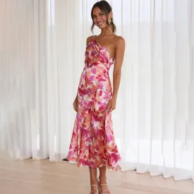 One-Strap Pink Floral Maxi Dress