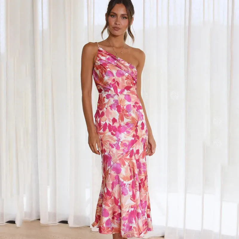 One-Strap Pink Floral Maxi Dress