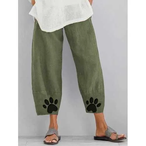 Paw Printed Elastic Waist Casual Pants