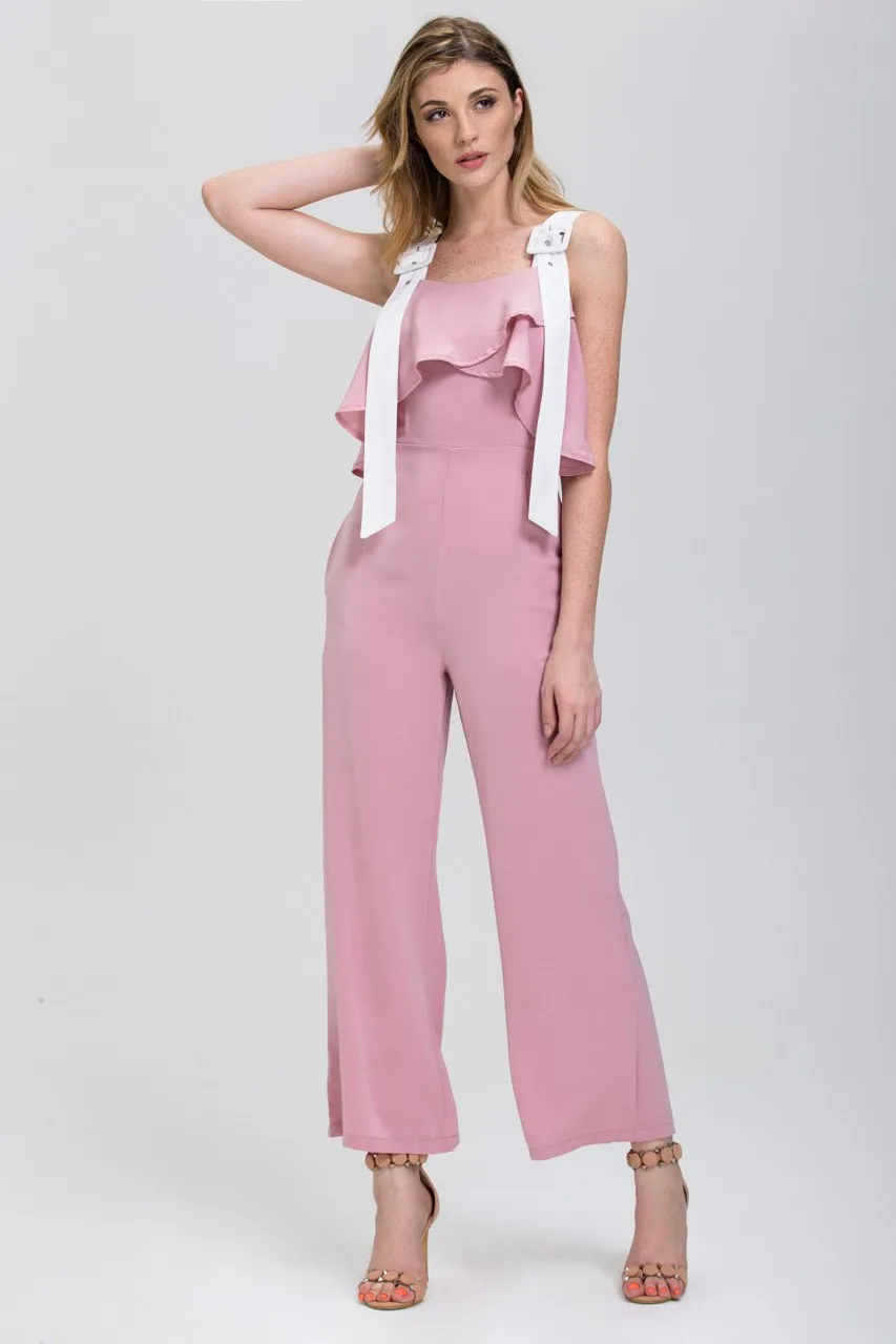 Rania Fawaz - Rose and White Belt Strap Off the Shoulder Jumpsuit