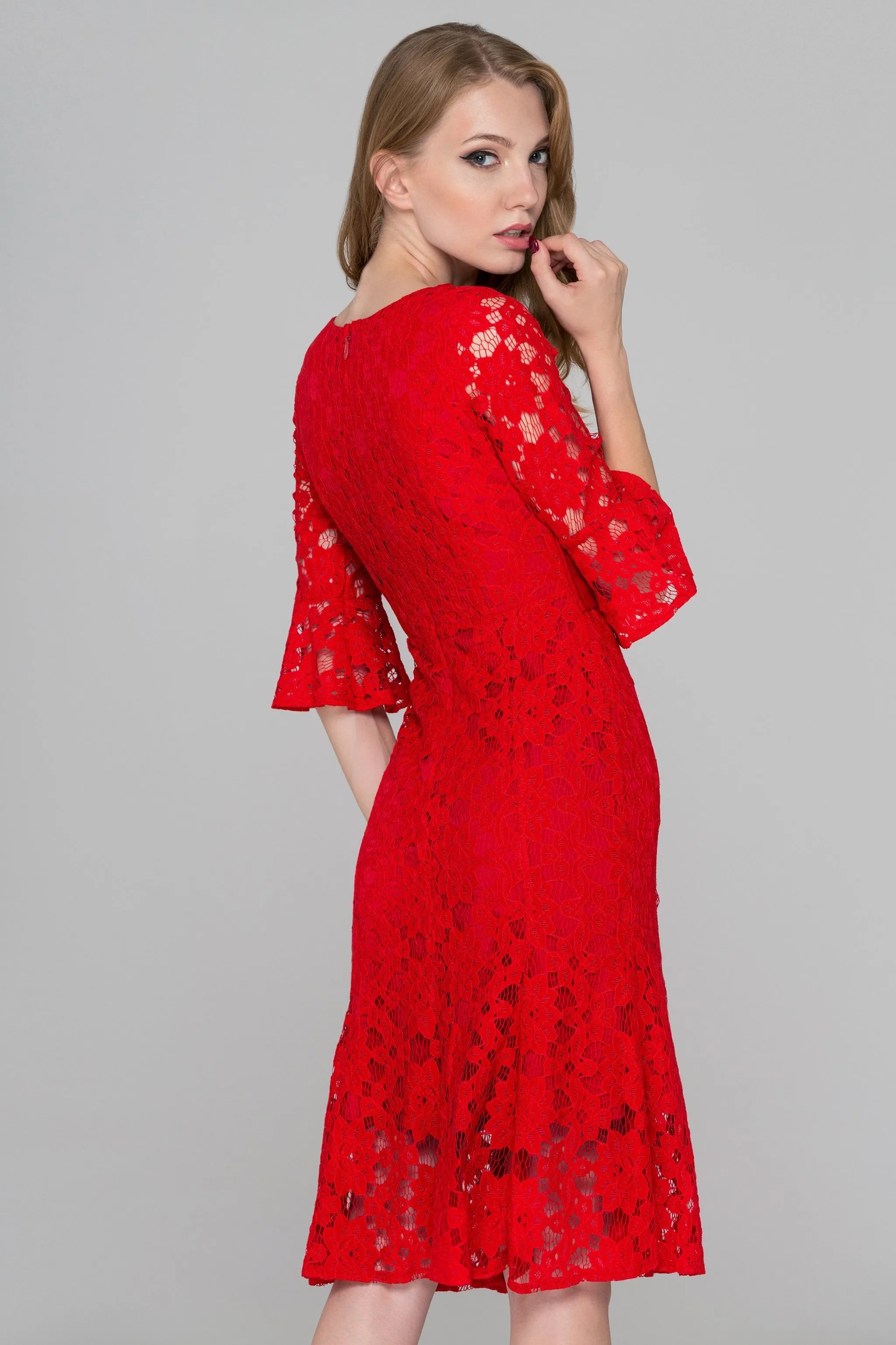 Red Lace Overlay Dress with Corset Waist and Trumpet Sleeves