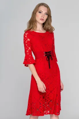 Red Lace Overlay Dress with Corset Waist and Trumpet Sleeves