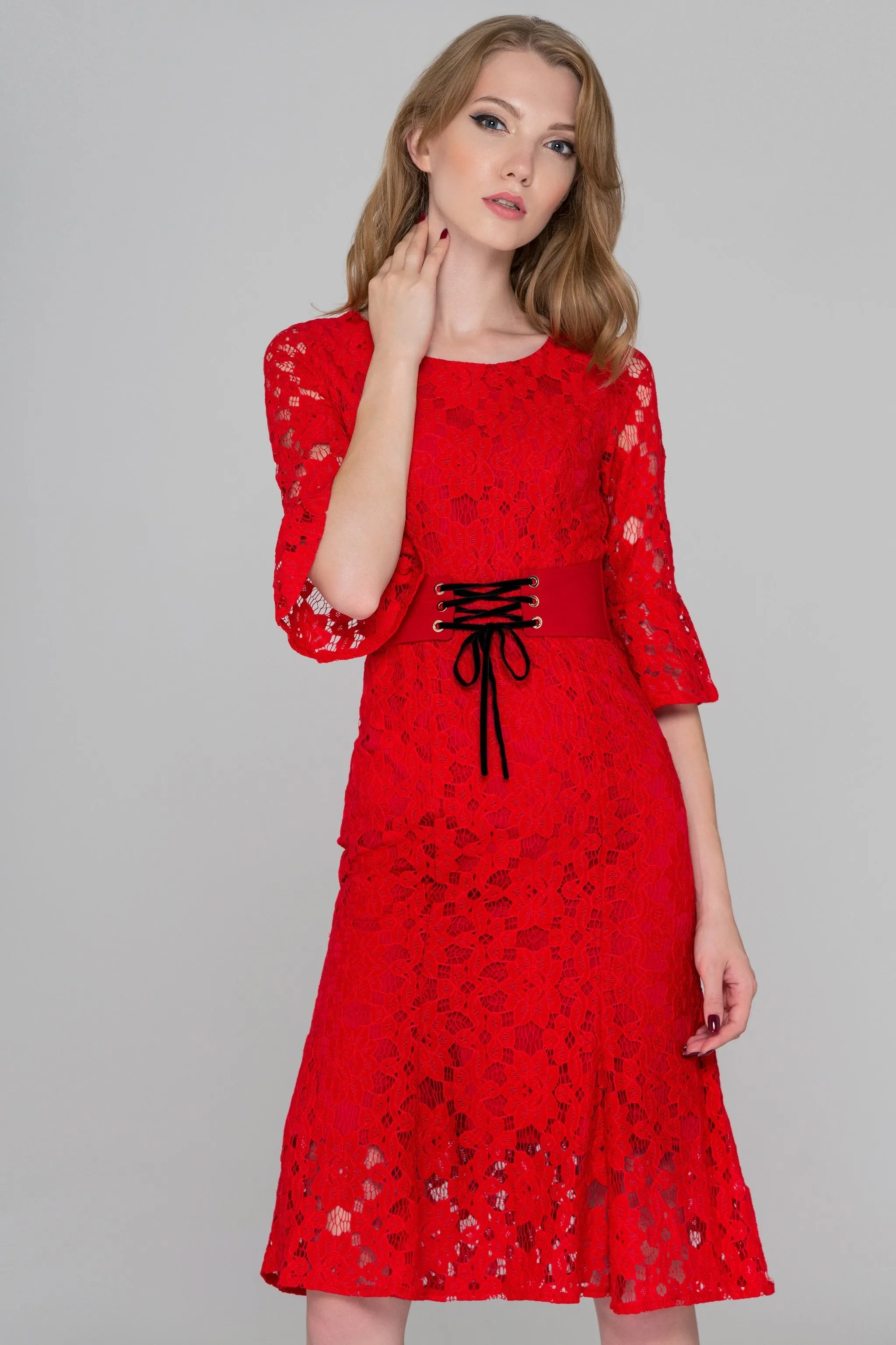 Red Lace Overlay Dress with Corset Waist and Trumpet Sleeves