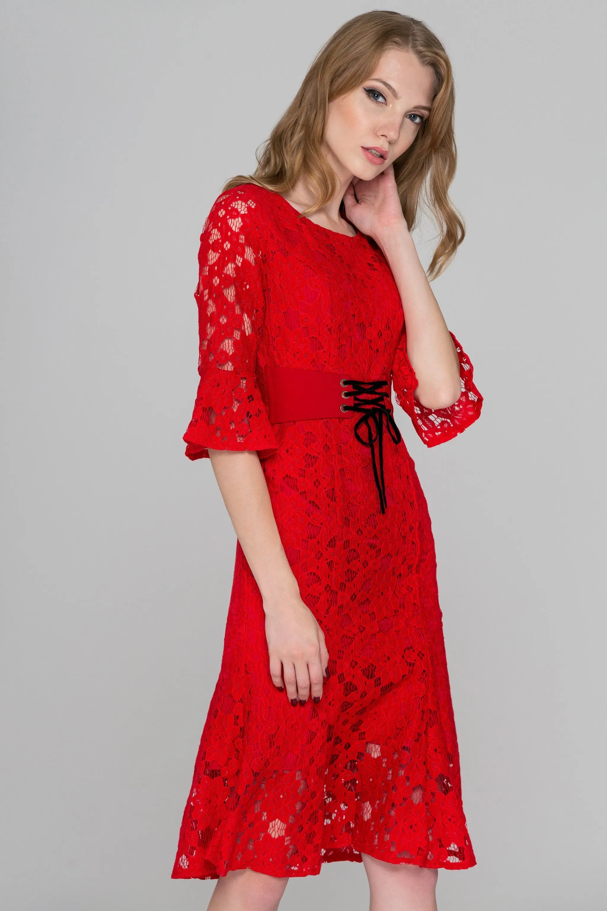 Red Lace Overlay Dress with Corset Waist and Trumpet Sleeves