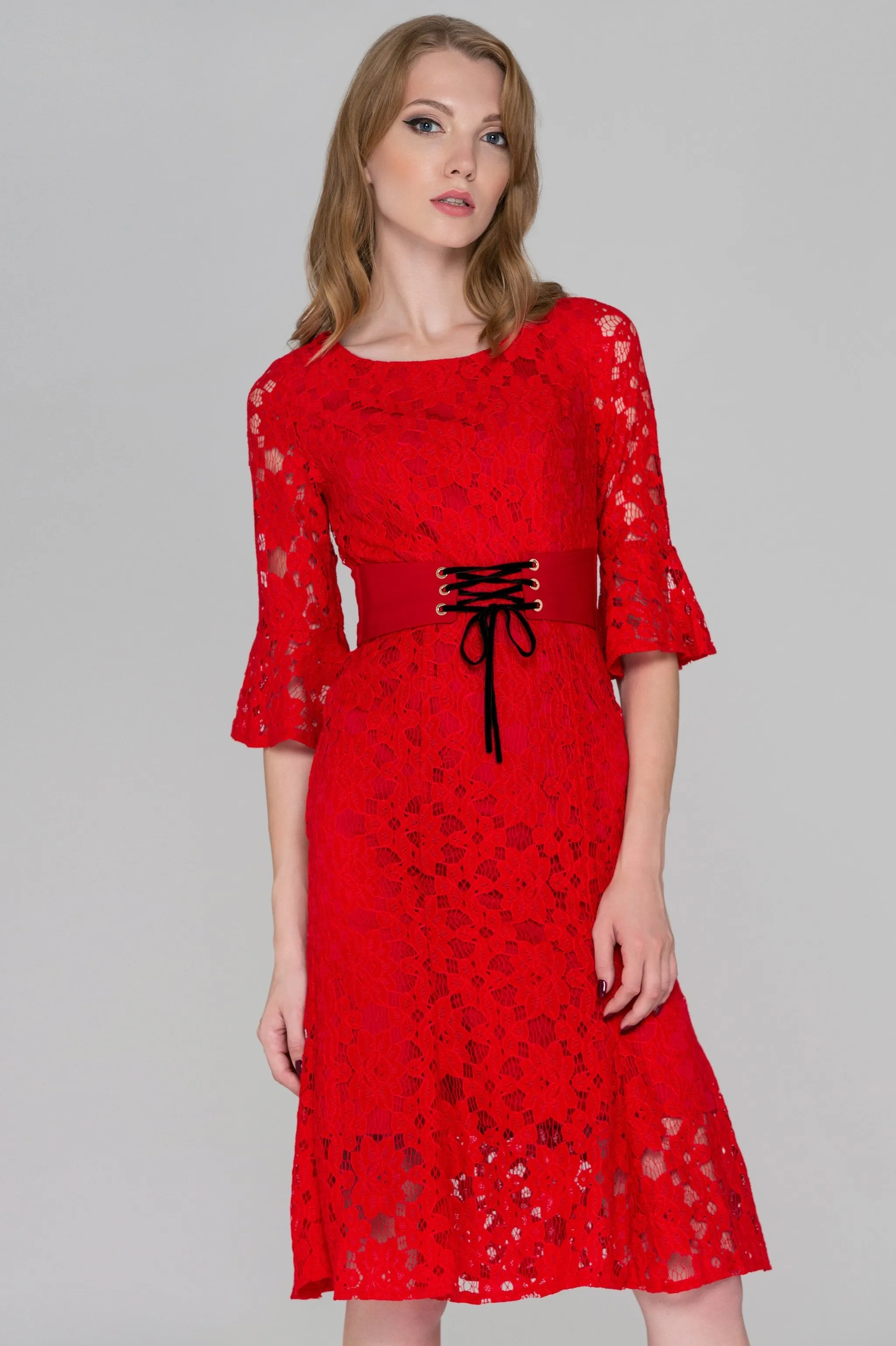 Red Lace Overlay Dress with Corset Waist and Trumpet Sleeves