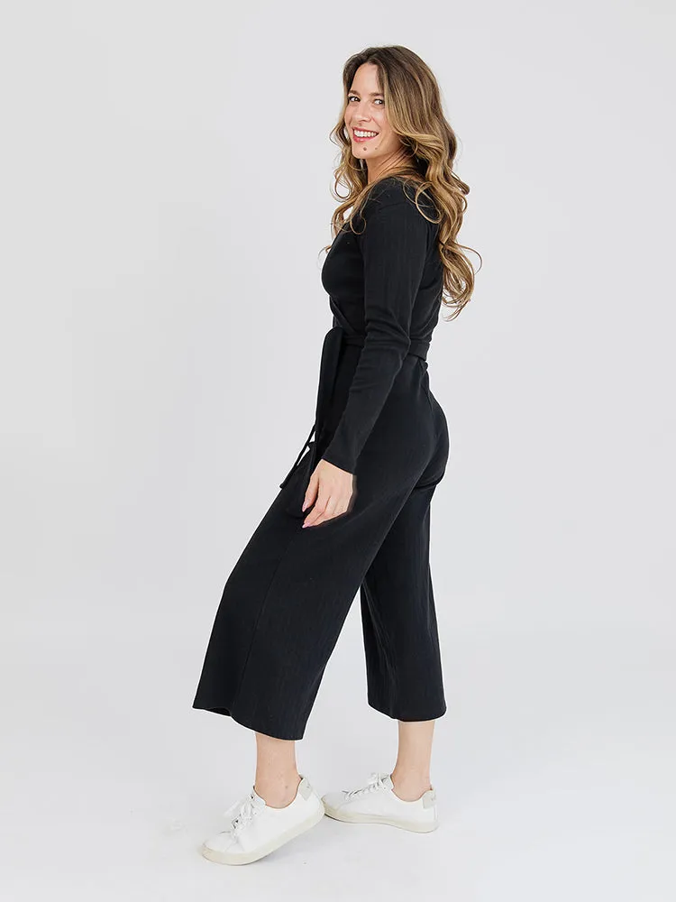 Rita Long Sleeve Jumpsuit - Black Rib Knit