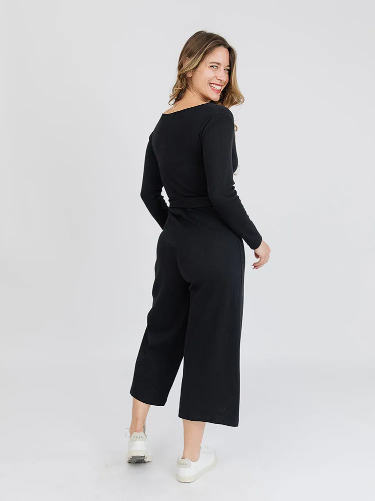 Rita Long Sleeve Jumpsuit - Black Rib Knit