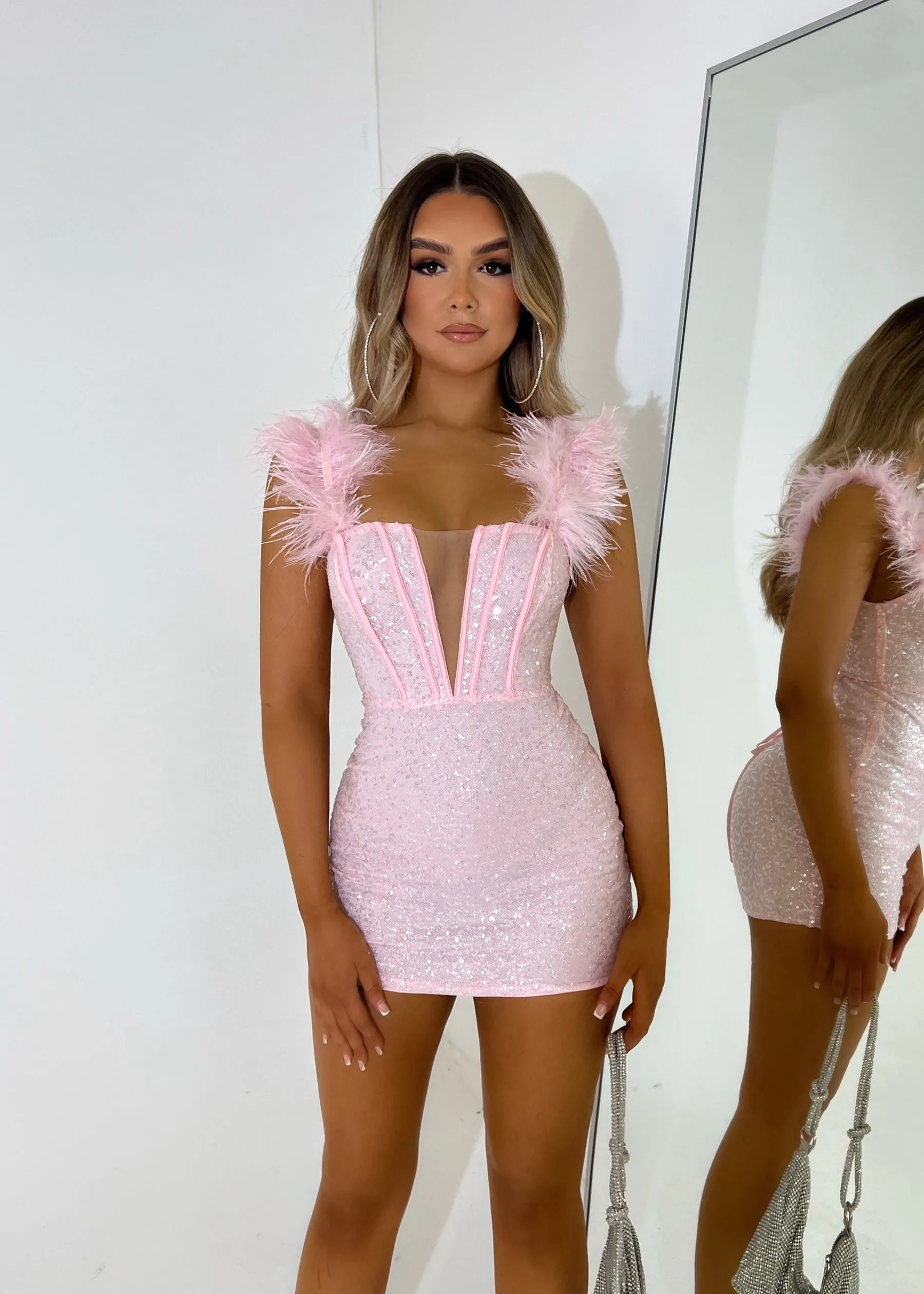 Saski Feather Mini Dress - Pink