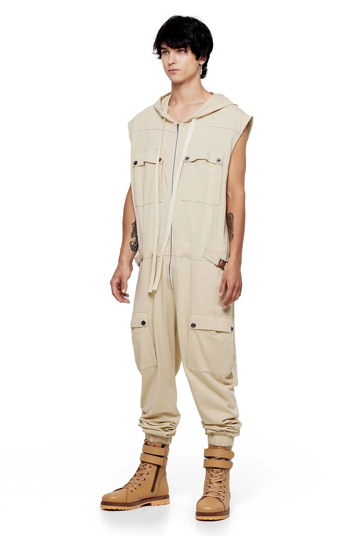 SLEEVELESS HOODIE JUMPSUIT IN BONE